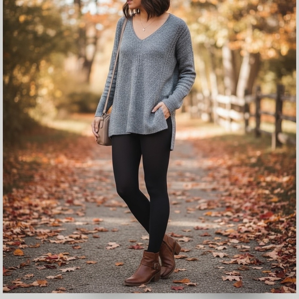 ELLE Gray V Neck Long Sleeve Knit Sweater Casual Everyday Womens